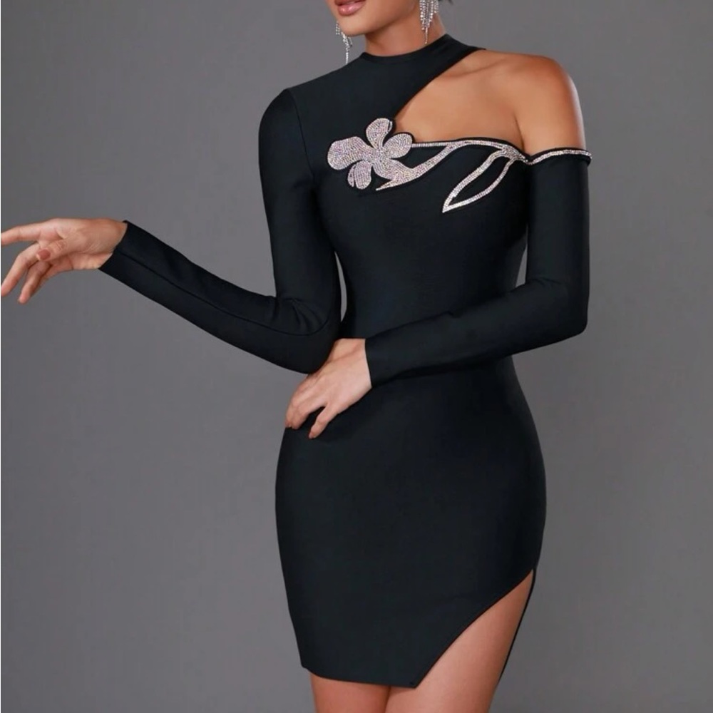 Rhinestone Floral Pattern Split Hem Bodycon Dress… - image 6